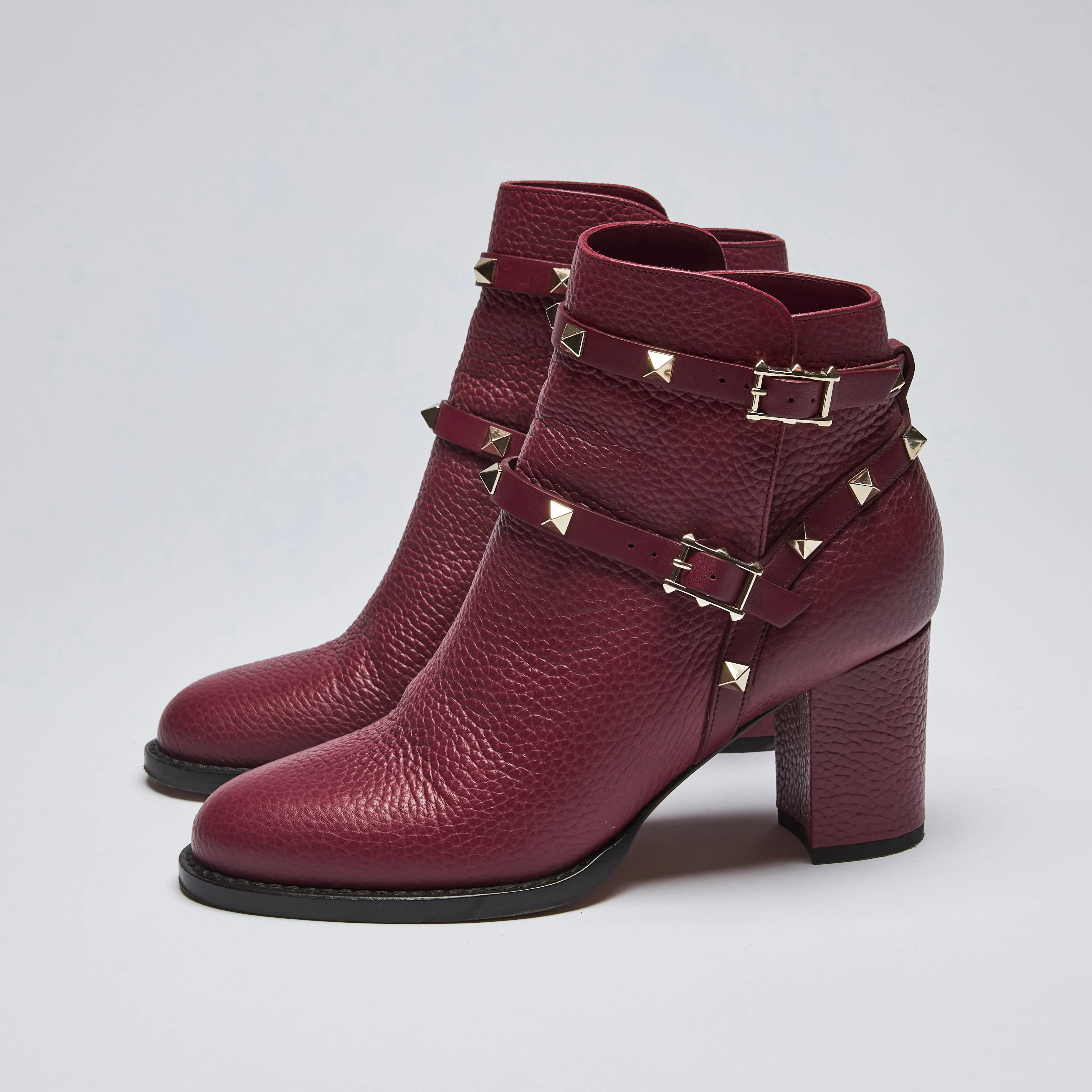 Valentino Burgundy Grained Leather Rockstud Boots Size 35.5