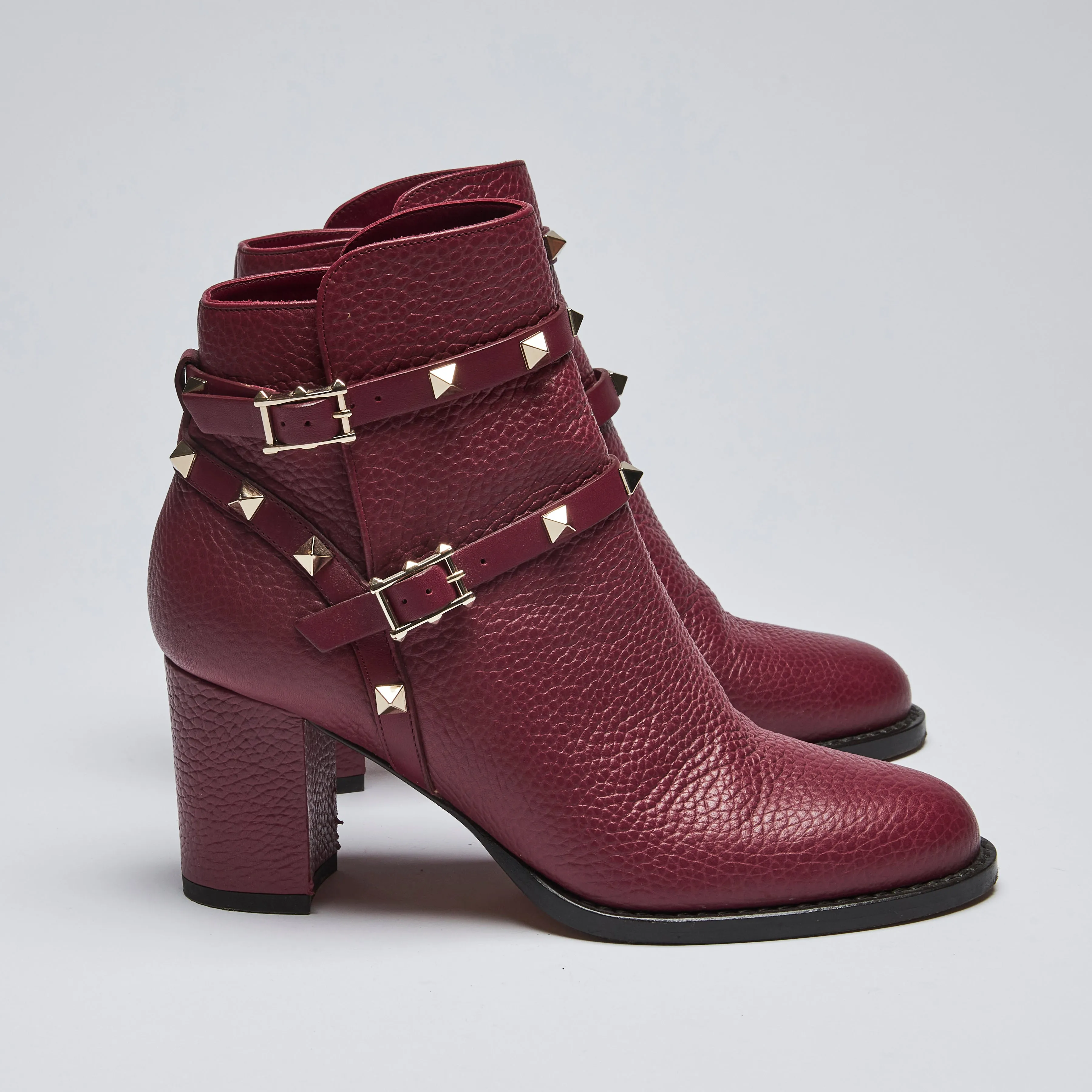 Valentino Burgundy Grained Leather Rockstud Boots Size 35.5