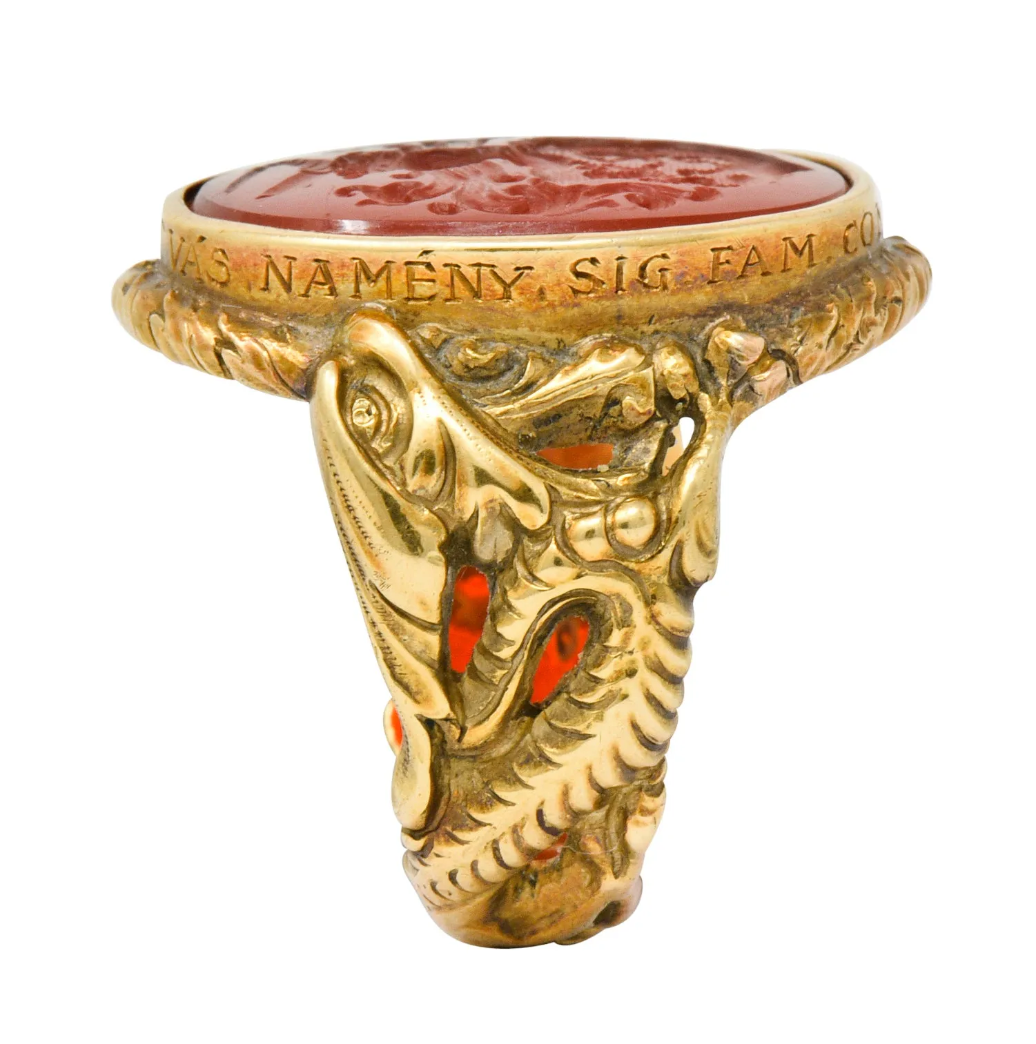 Victorian Carnelian Intaglio 14 Karat Gold Heraldry Men's Dragon Signet Ring