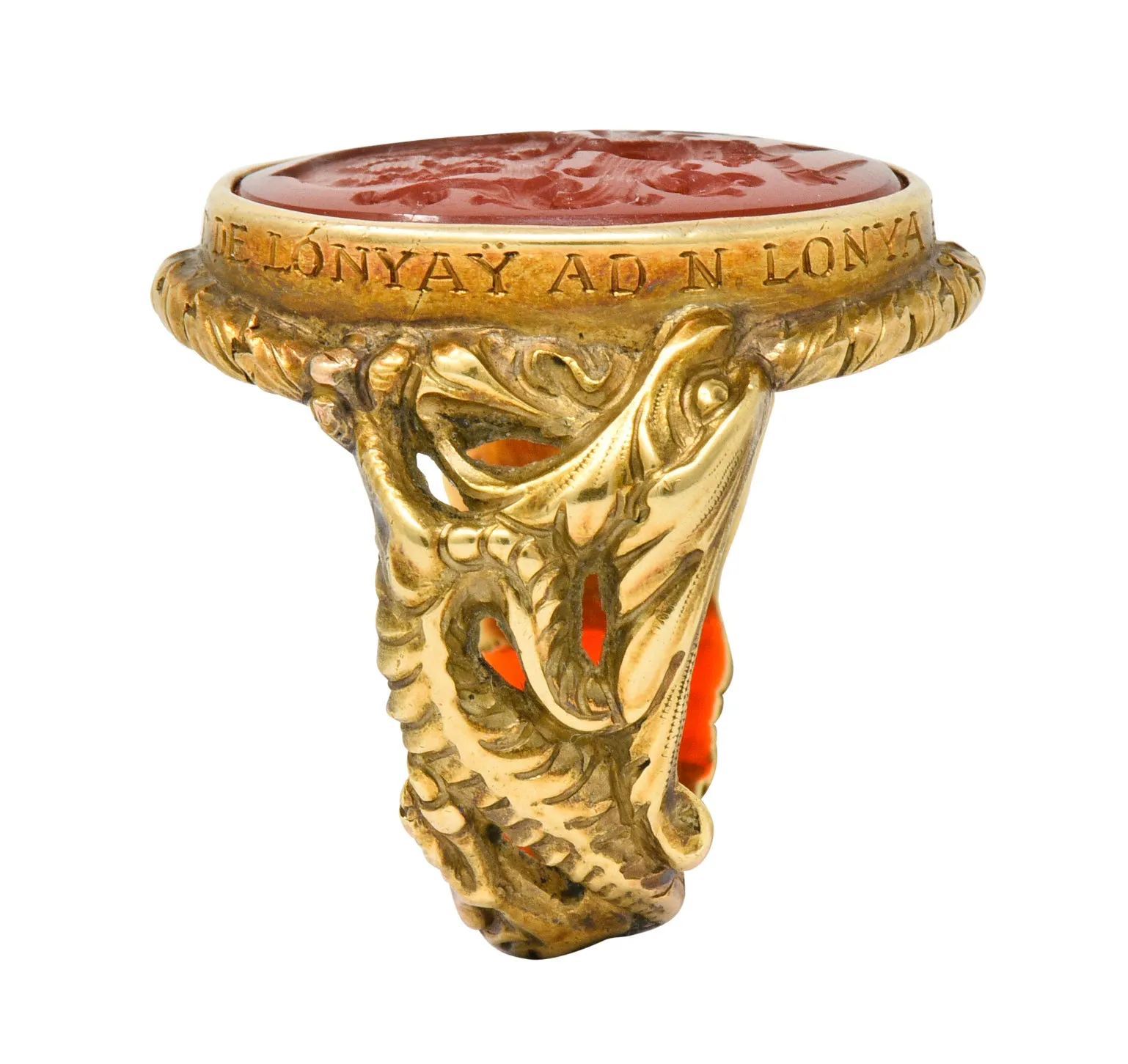 Victorian Carnelian Intaglio 14 Karat Gold Heraldry Men's Dragon Signet Ring