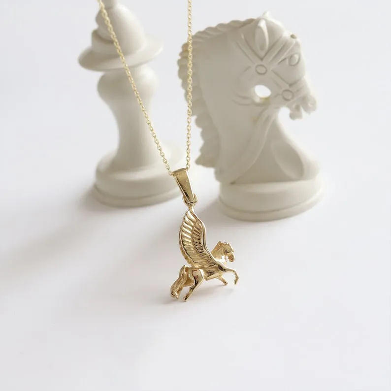 Vintage 14K Solid Gold Pegasus Pendant Handmade Reared Horse Necklace Animal Gift For Women