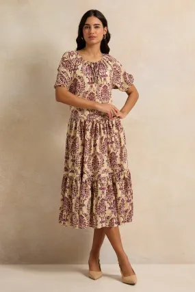 Women Beige Printed Tiered Dress