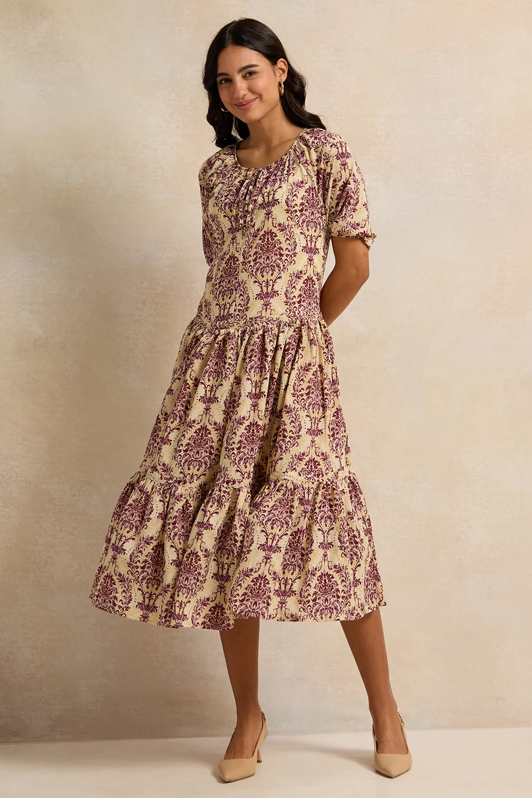 Women Beige Printed Tiered Dress