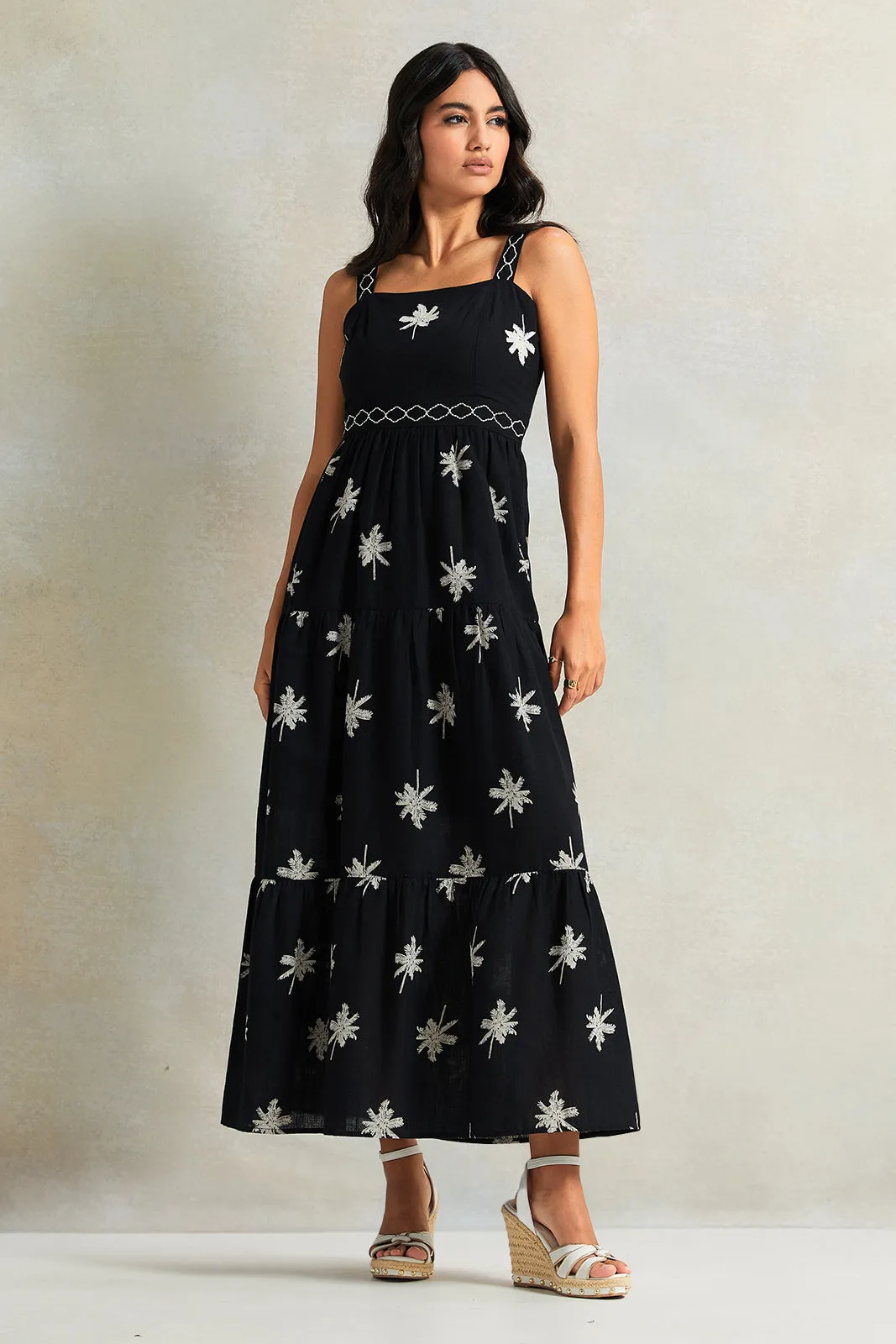 Women Black Embordered Printed Dress