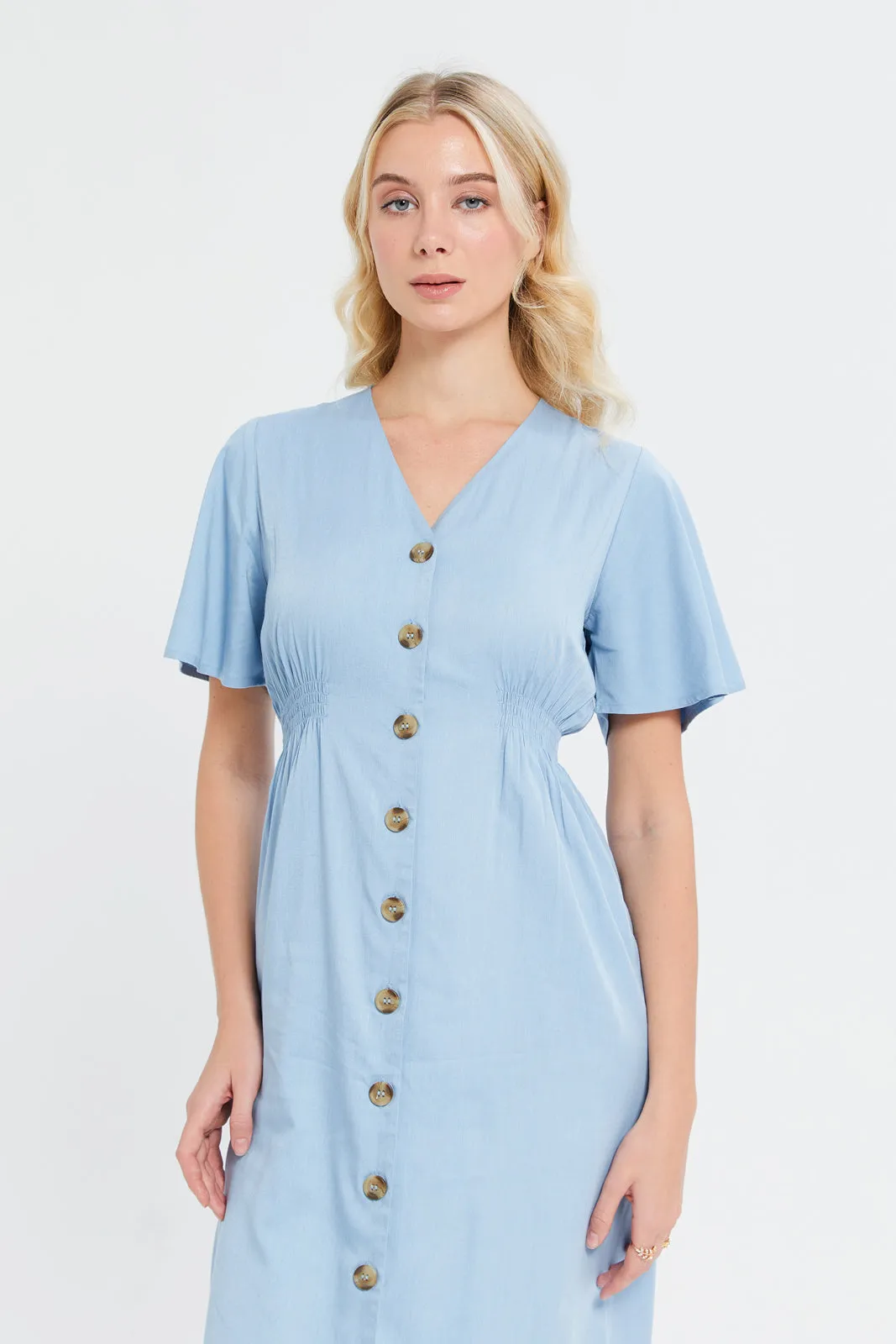 Women Blue Buttoned Midi Dress