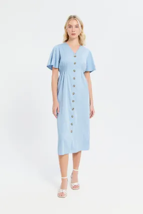 Women Blue Buttoned Midi Dress