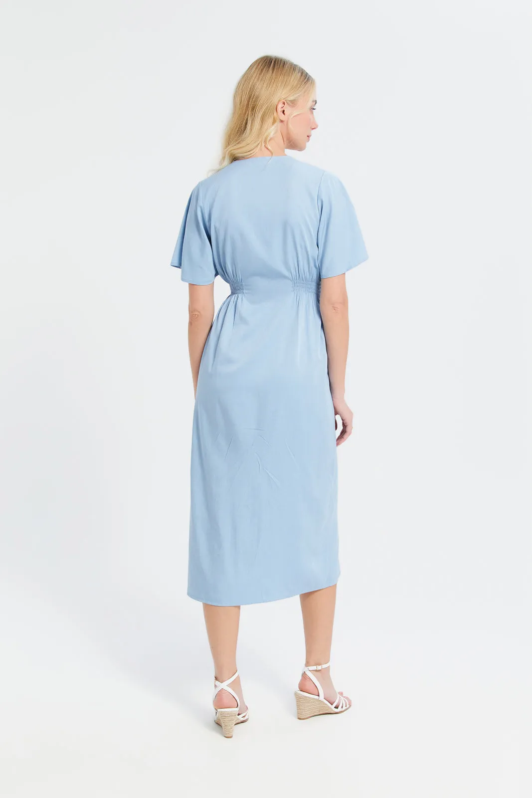 Women Blue Buttoned Midi Dress