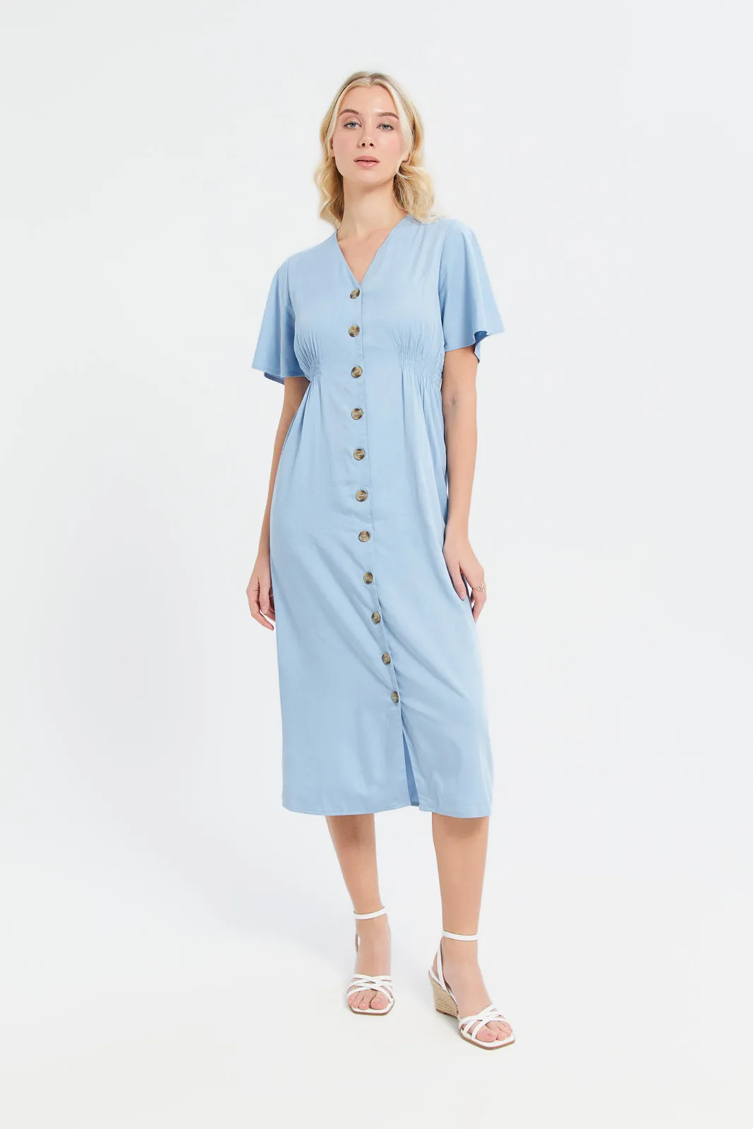 Women Blue Buttoned Midi Dress