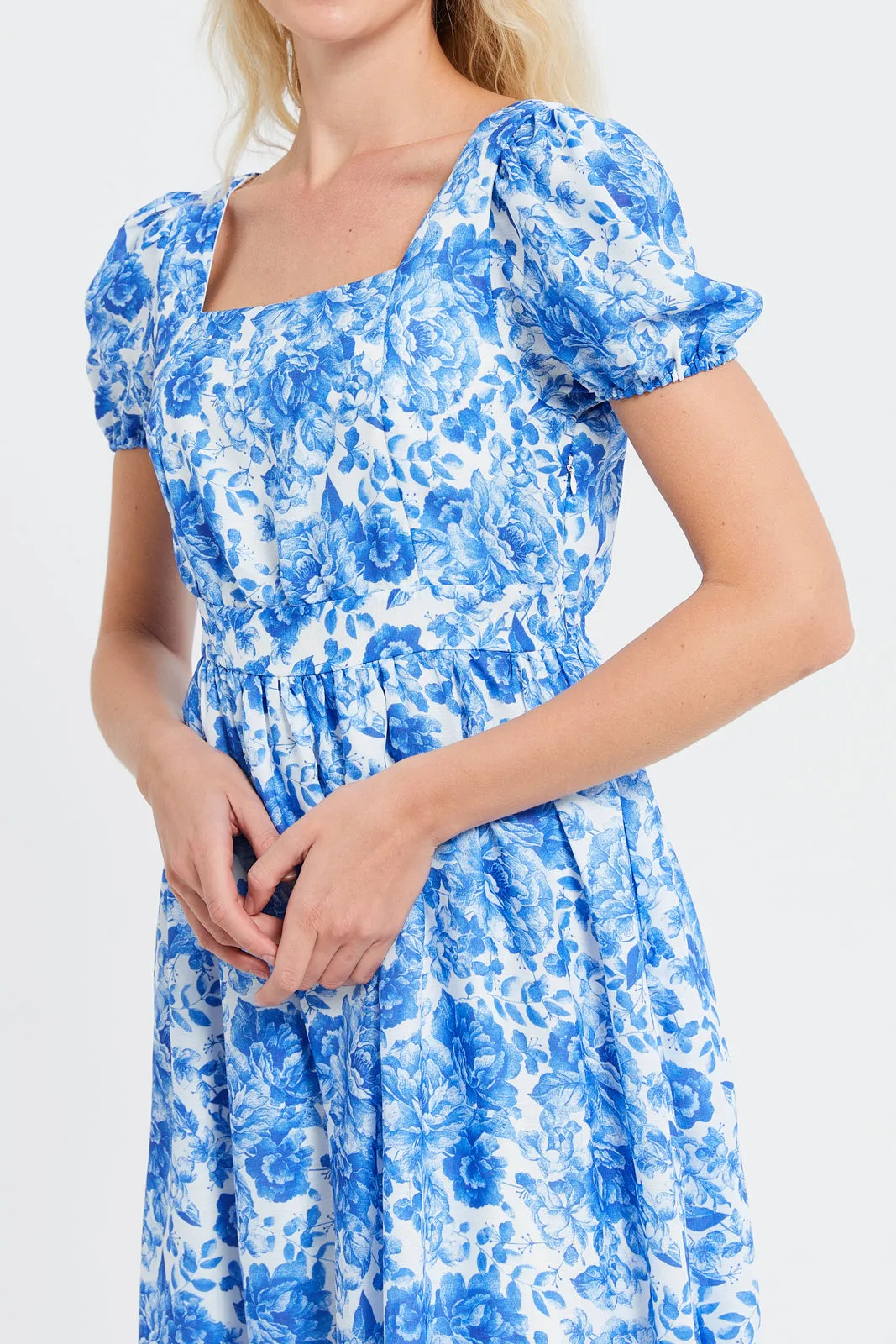 Women Blue Printed Long Dress