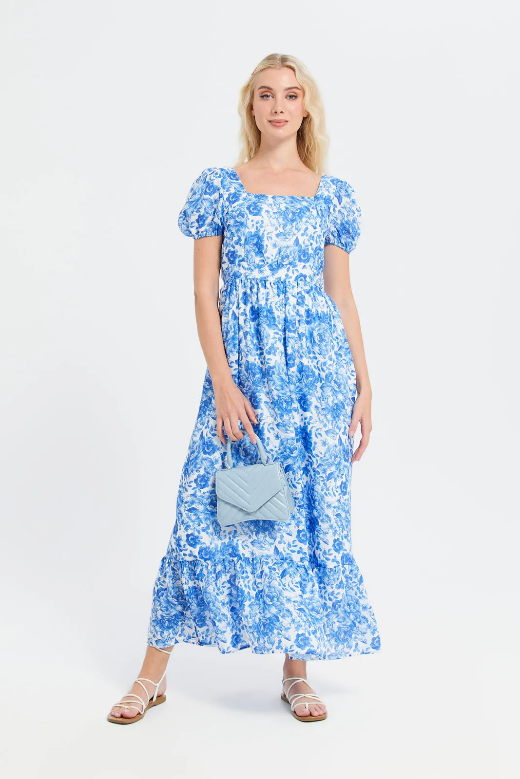 Women Blue Printed Long Dress