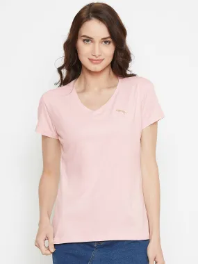 Women Pink Solid Casual V Neck T-shirt