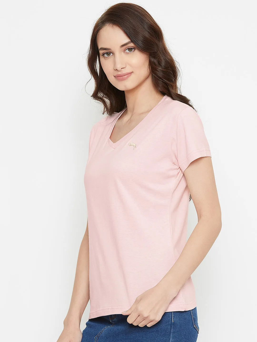 Women Pink Solid Casual V Neck T-shirt