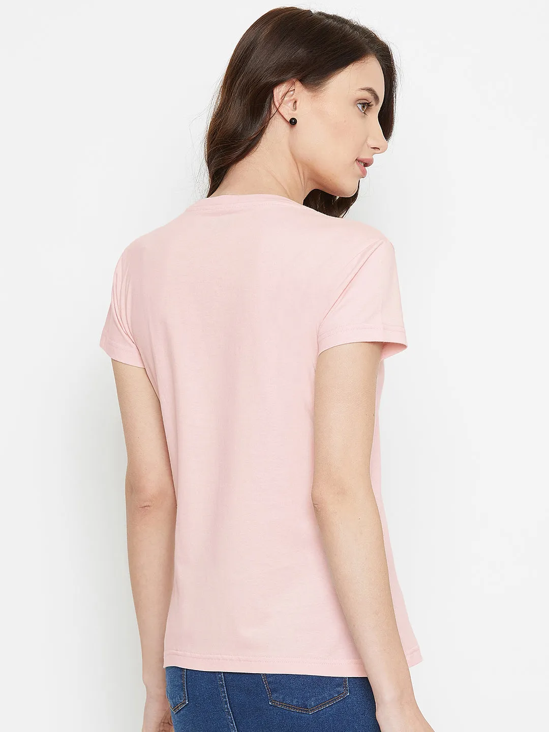 Women Pink Solid Casual V Neck T-shirt