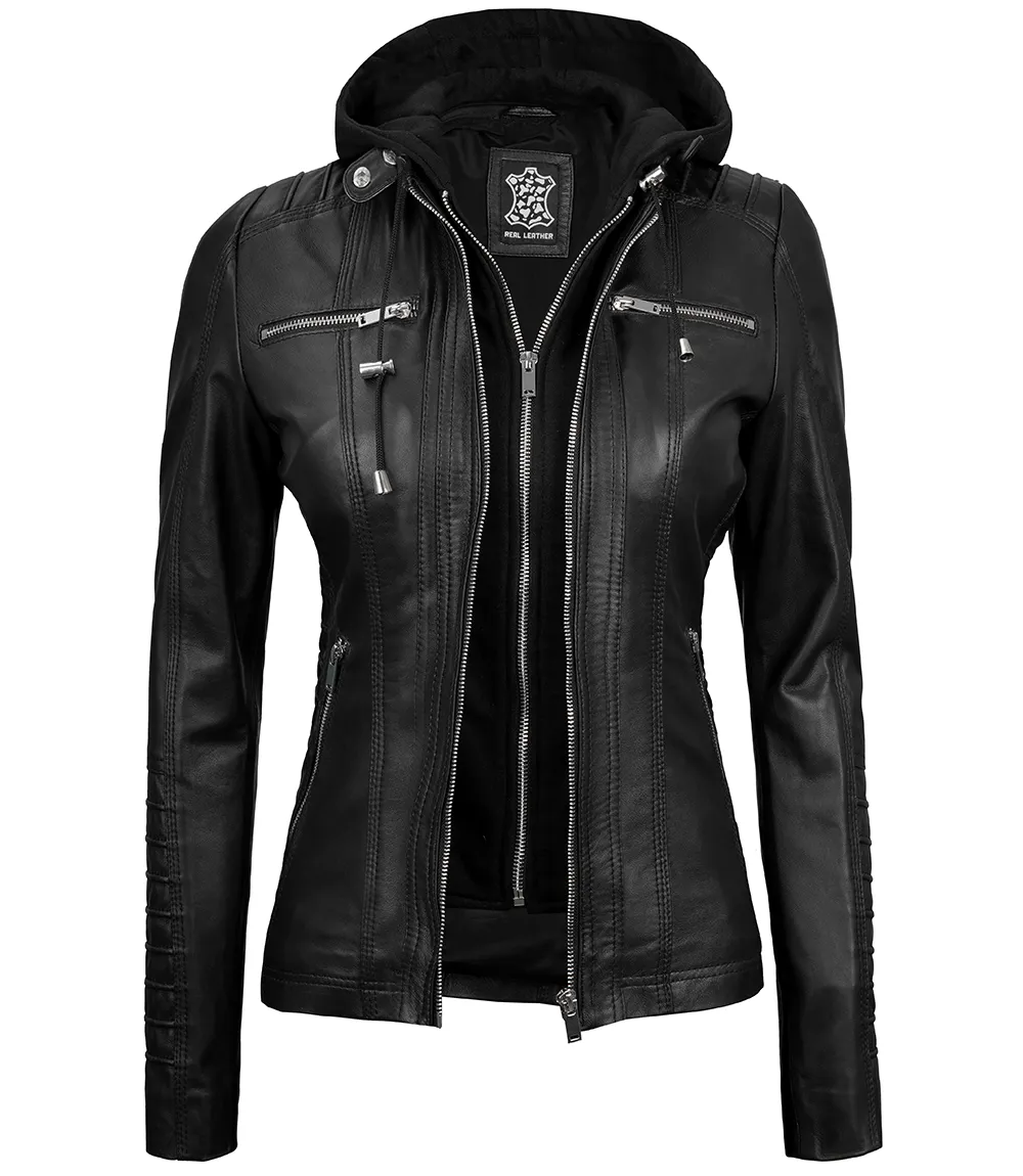 Women's Black Leather Jacket with Removable Hood