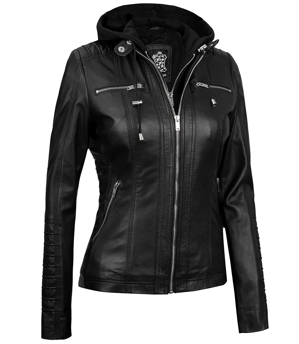 Women's Black Leather Jacket with Removable Hood