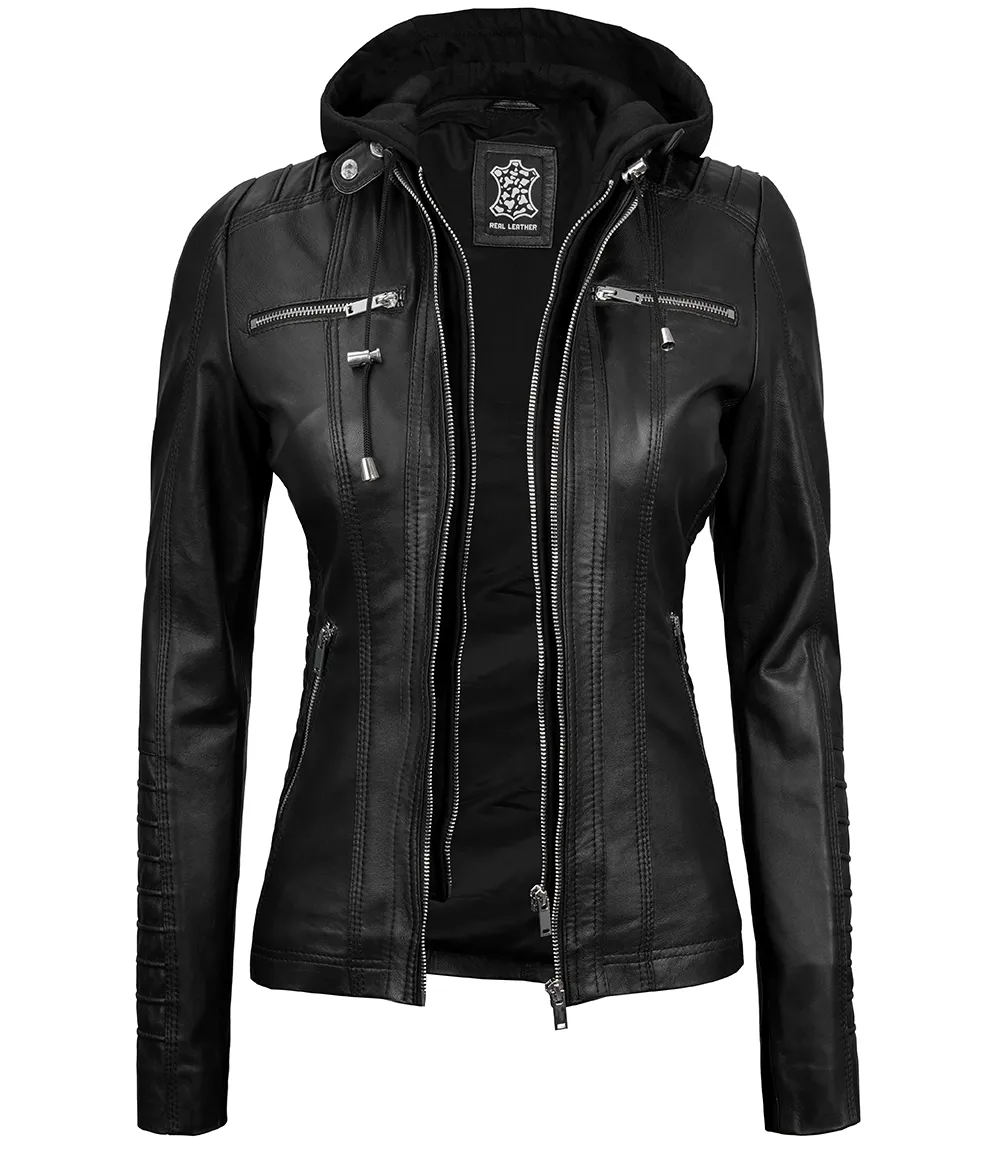 Women's Black Leather Jacket with Removable Hood