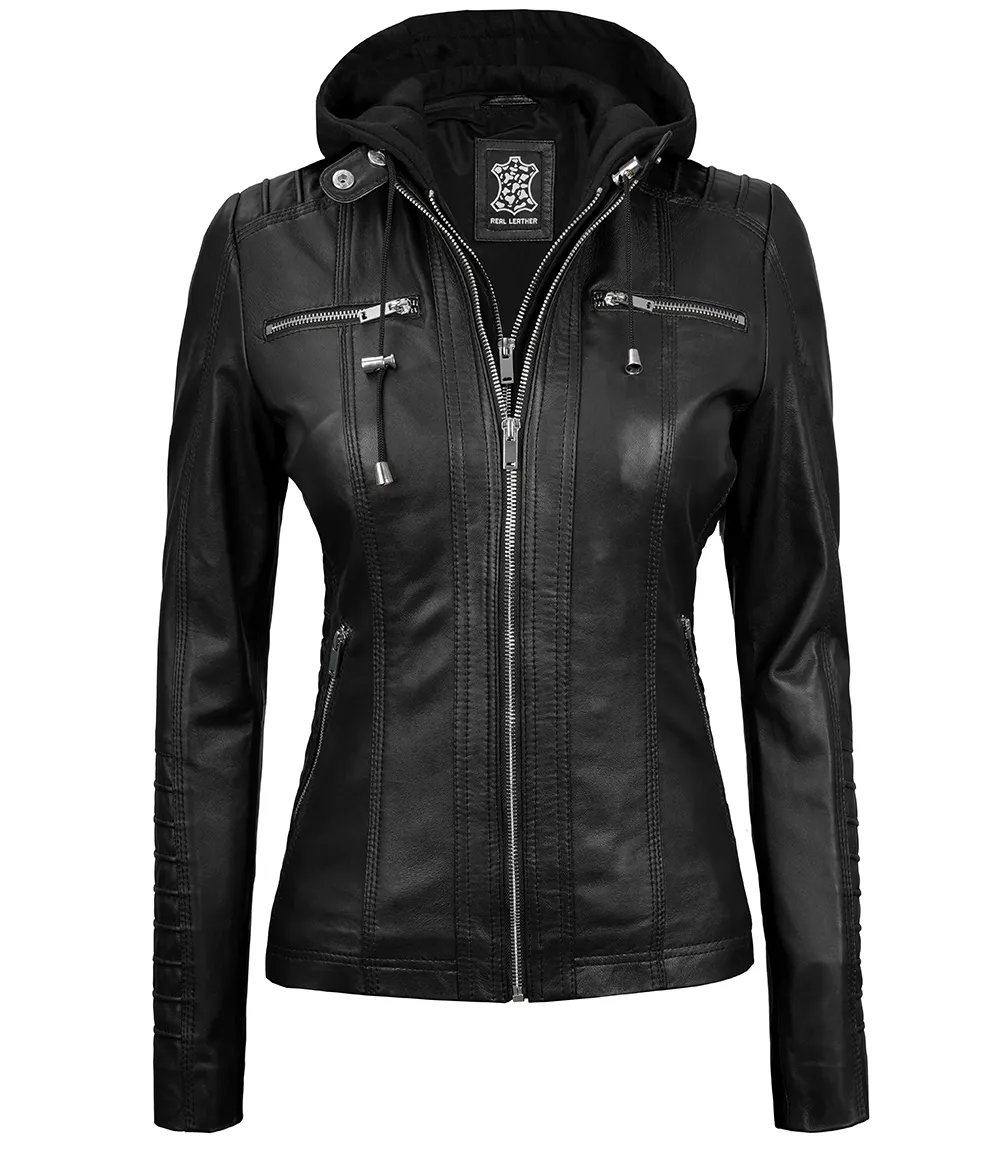 Women's Black Leather Jacket with Removable Hood