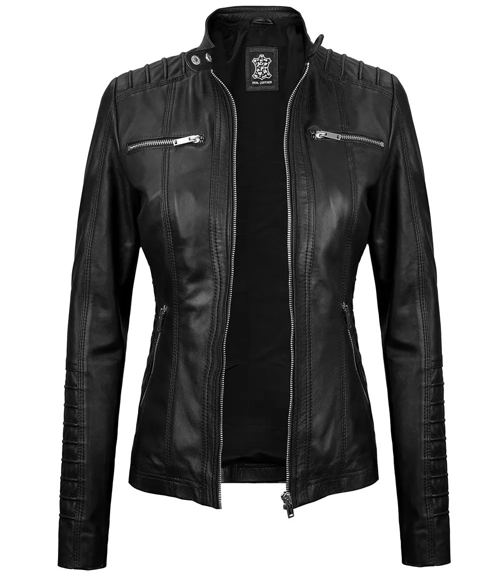 Women's Black Leather Jacket with Removable Hood