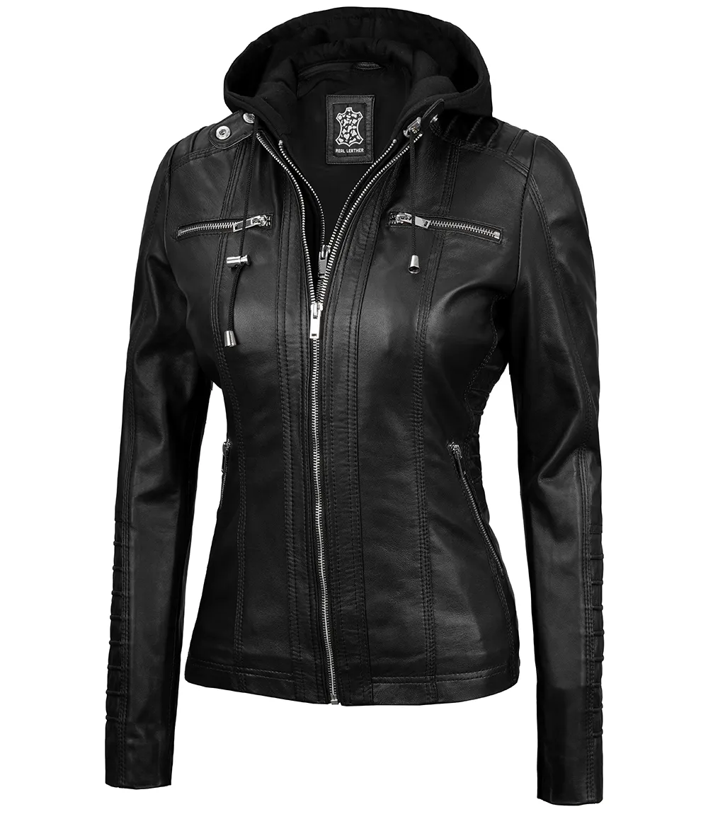 Women's Black Leather Jacket with Removable Hood