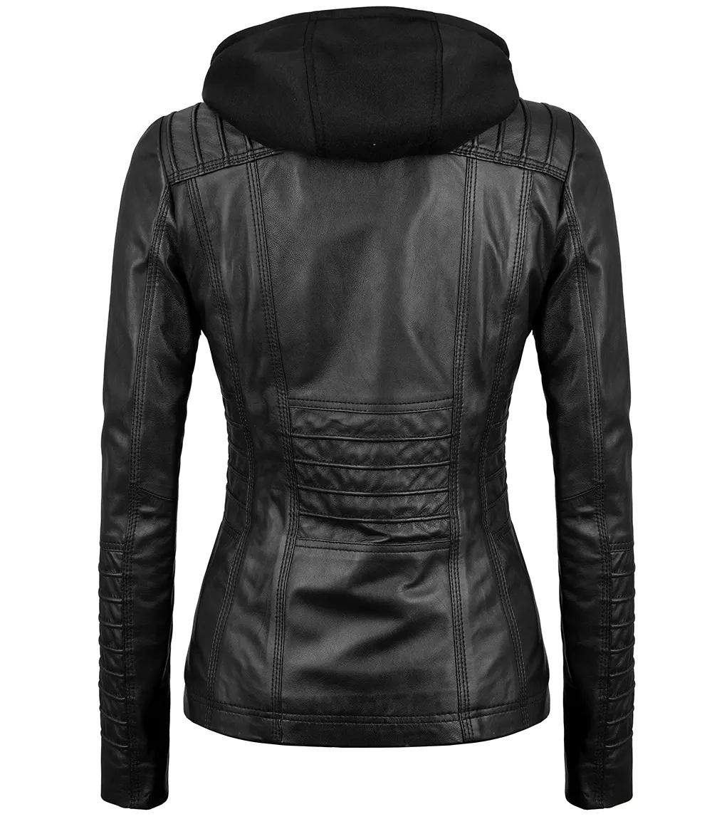 Women's Black Leather Jacket with Removable Hood