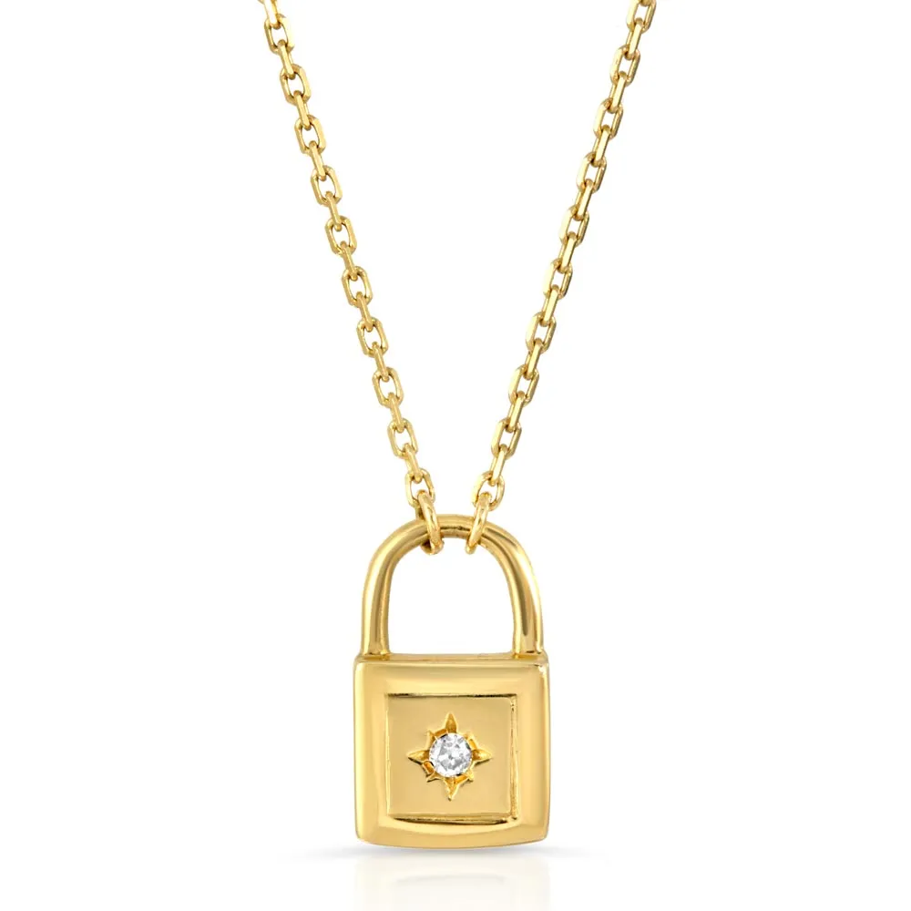 Women's 14k Solid Gold Diamond Lock Necklace Pendant