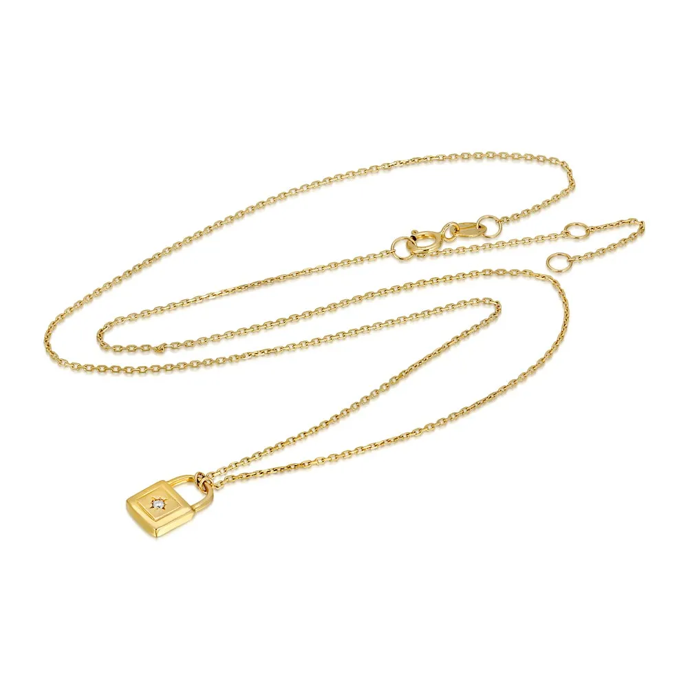 Women's 14k Solid Gold Diamond Lock Necklace Pendant