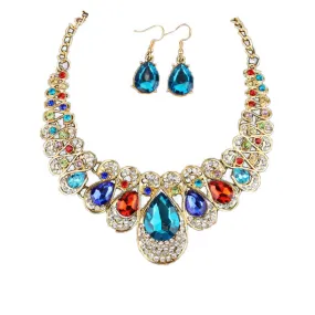 Women's Crystal Charm Chain Choker Necklace Earrings Jewelry Set